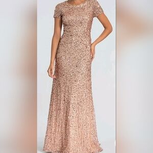 Adrianna Papell Women's Scoop Back Lined Long Sequin Dress, Rose Gold, Size 6